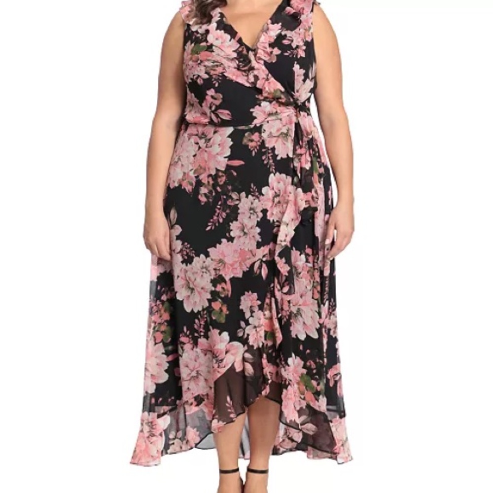 NWT London Times Black Pink Floral High Low Dress chiffon 18w feminine wrap look